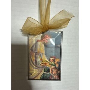VTG postcard framed ornament angel children silver Beveled glass frame Orn 112